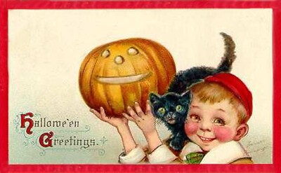 Postcard Halloween Little Boy & His Cat With Jack-O-Lantern Reprint #20020