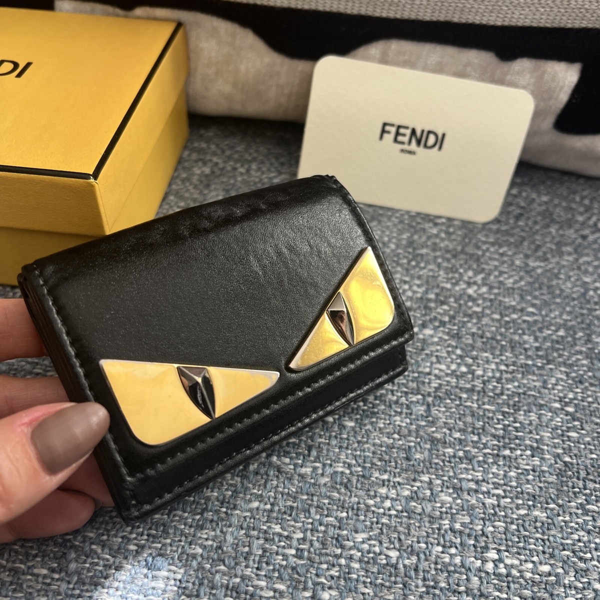 Fendi Bifold Wallet Monster Eye Black Gold Leather Made in Italy