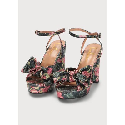 NEW! Lulus Lilso Black Floral Metallic Bow Platform Ankle Strap Block Heels -8.5