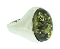 Silver Ring With Oval Green Amber, Size T Silver Ring With Oval Green Amber, Size T