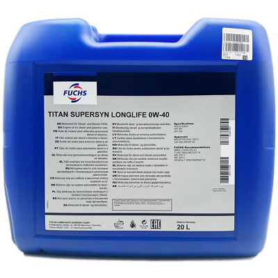 20 L Fuchs Titan Supersyn Longlife 0W-40 Öl Motoröl MB 229.5 VW502/505.00