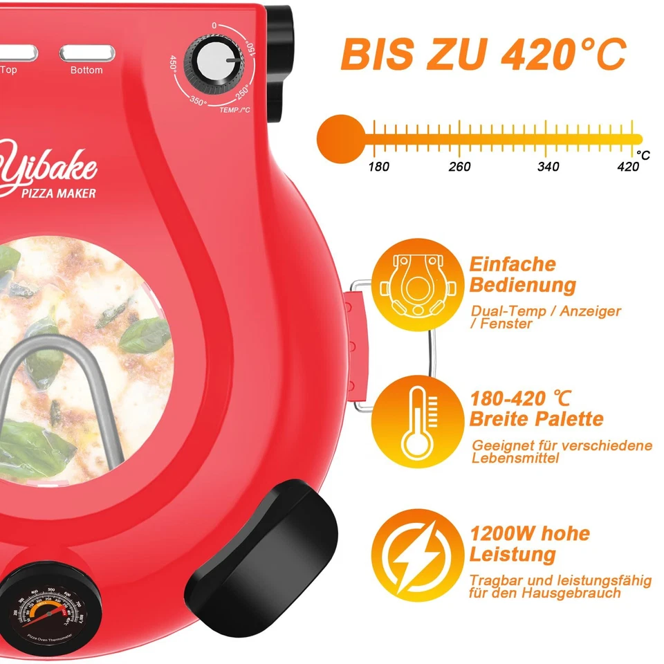 Pizzaofen Elektrisch 1200W Pizzaofen in 4-Min-Pizza 31cm Feuerfeste Pizzastei... - Bild 2 von 4
