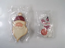 Unused Wooden Christmas Holiday 2 Ornament Lot: Basket Snowman & Santa Head