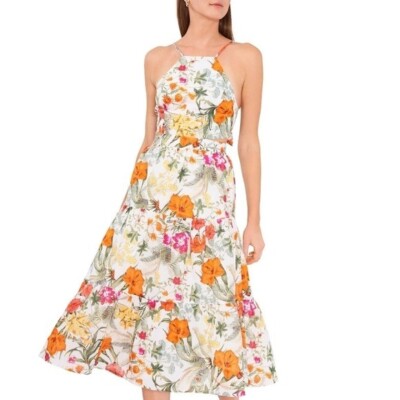 Chelsea Violet Cut Out Tropical Floral Print Sleeveless Halter Neck Tie Back Detail Tiered Midi Dre, Womens, 12, Tropical Oasis - Dillard's exclusive