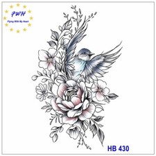 Peony Flower Birds Body Chest Waist Temporary Waterproof Tattoos