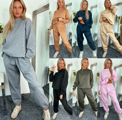 Women's Ladies Fleece Lined Jumper Sweatshirt Joggers Lounge Wear Tracksuit  Set UK