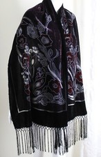 Exquisite Estate Black Purple Burnout Floral Scarf w/ Piano Fringe Shawl Wrap
