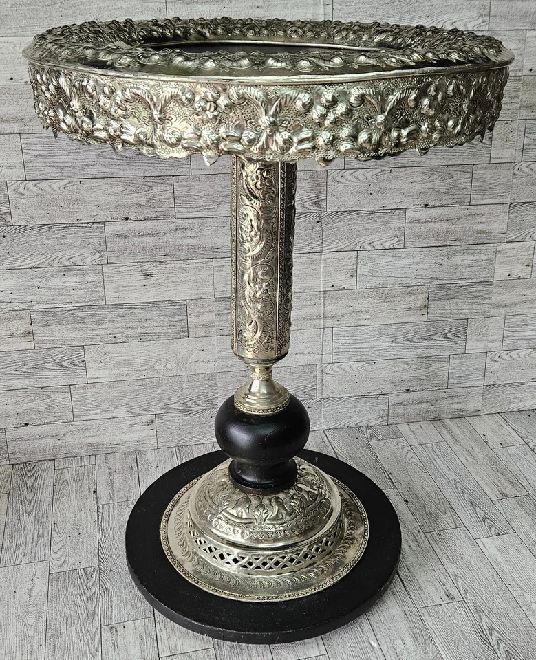 Metal & Wood Side End Table Pedestal Accent Ornate Plant Stand Unique  - Image 3 of 4