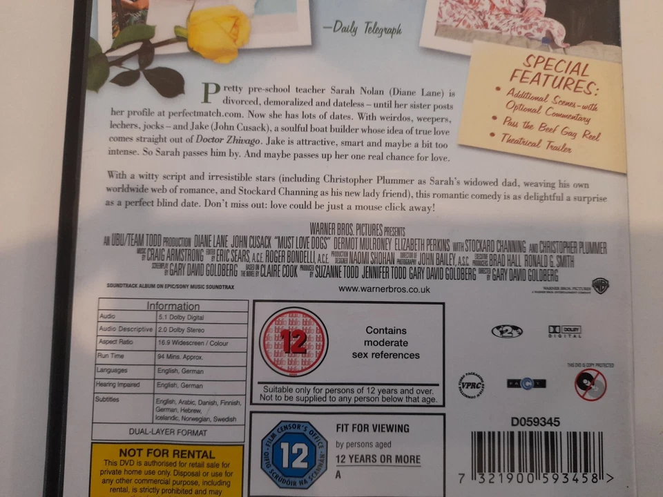 Must Love Dogs (DVD, 2005)- Complete (case+dvd)-Sp. Feat/ Additional Scenes- VGC - Image 3 of 4