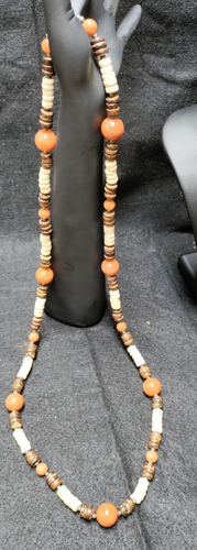 BROWN & ORANGE GLASS BEADS WITH WOODEN RESIN NECKLACE 32" LONG - Picture 5 of 7