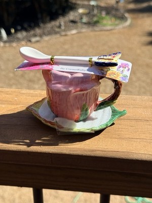 New Corner Ruby Garden Collection Pink Rose Flower Teacup Leaf Saucer Set 3pc