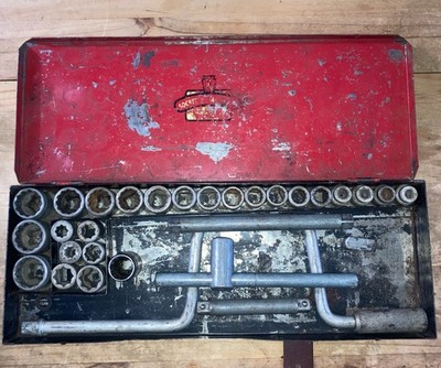Vintage Keystone Hand-Crank Socket Set No. 830-C in Red Metal Case 29 NICE!