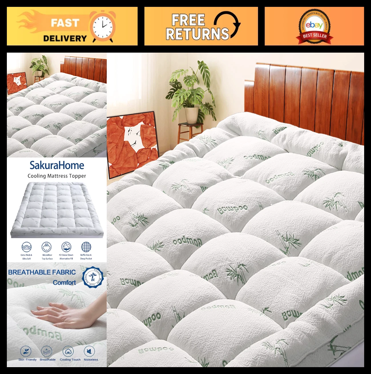 King Size Cooling Bamboo Mattress Topper Quilted Fitted Deep Pocket