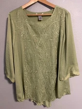 John Mark Blouse Womens Large Green Embroidered Tunic Top 3/4 Sleeve Boho