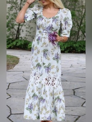 NEW BYTIMO Linen & Cotton Floral Belted Maxi Dress size medium women s