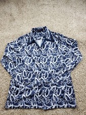 Vintage 70s Joel Of California Shirt XL Blue Leaf Print Button Up Pointy Collar
