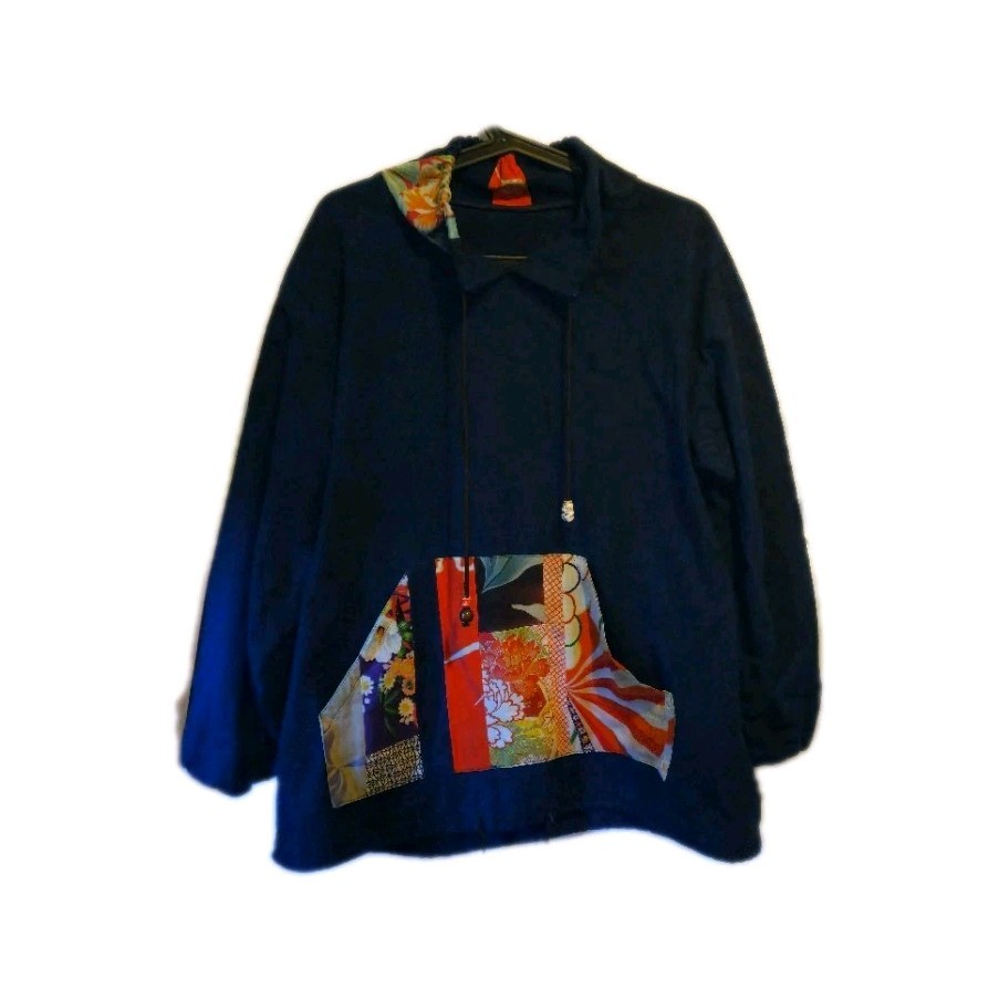 Patchwork Beaded Drawstring Navy Pullover Hoodie … - image 1