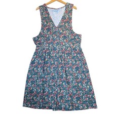 Vtg Women Large Pinafore Dress Button Front Green Floral Cotton V-Neck Pockets