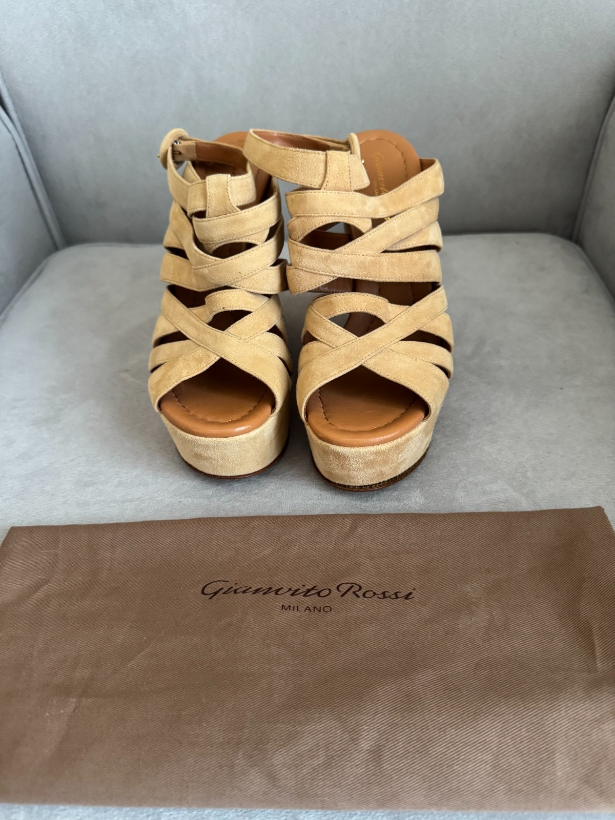 Gianvito Rossi Suede Strappy Tan Wedge Sandals Size 36