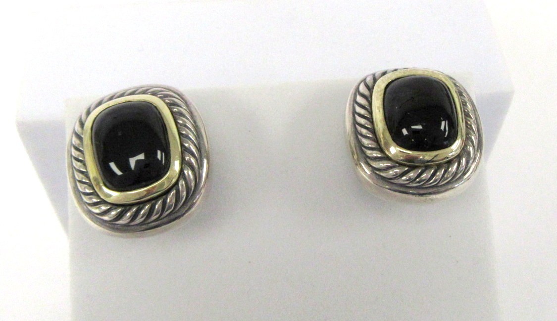 David Yurman Large Albion Black Onyx Sterling Silver & 14K Gold Earrings - 3/4"