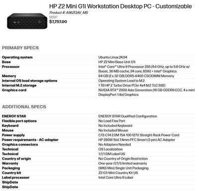 HP Z2 mini G1i workstation, Intel Ultra9, 64GB RAM, 1TB SSD, NVIDIA RTX 2000 Ada