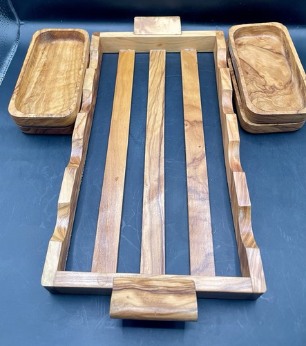 Vassoio da portata in legno di ulivo e 4 servitori in legno estraibili 13,5” X 6,5” JM - Foto 5 di 9