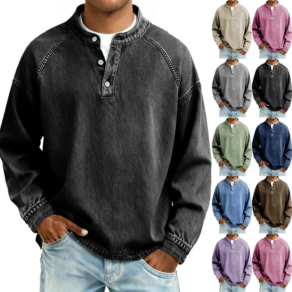 Camisetas informales de otoño Henley 100 % algodón de manga larga de mezclilla con botones para hombre