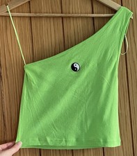 Urban Outfitters One Shoulder Crop Top Size M UK12 Lime Green Yin Yang Superb