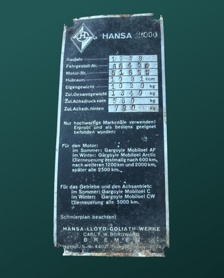 1938 Hansa 2000 Mis-stamped Data Plate for 1100 1081cc Borgward Typenschild Rare
