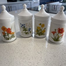  4 x Vintage France Milk Glass Apothecary Jars Lids Cathedral Dome Yellow Floral