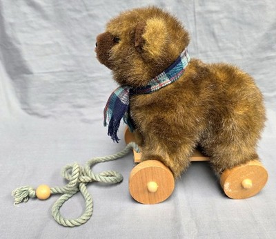 Vtg 1986 Applause Bear Wooden Wheels Pull Along Toy Plush Stuffed Scarf KOREA