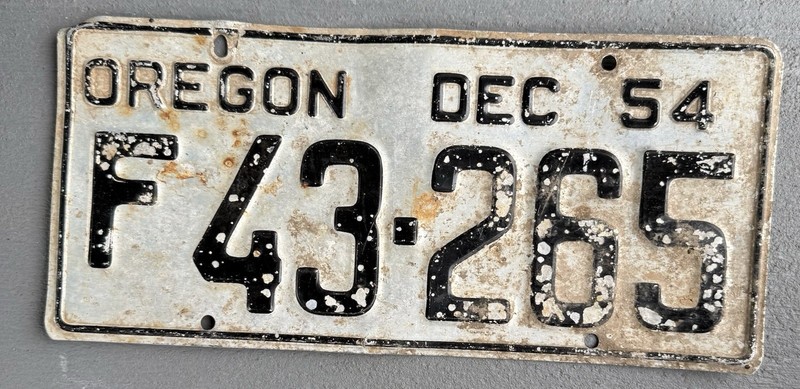 Vintage 54 OR Farm License Plate 1954 Lic F 43 265 Silver Black