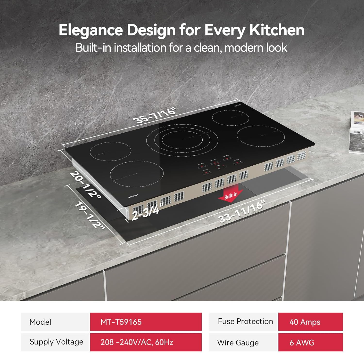 36 Inch Electric Cooktop,  9000W Radiant Electric Hob with 5 Burners, 240V Built