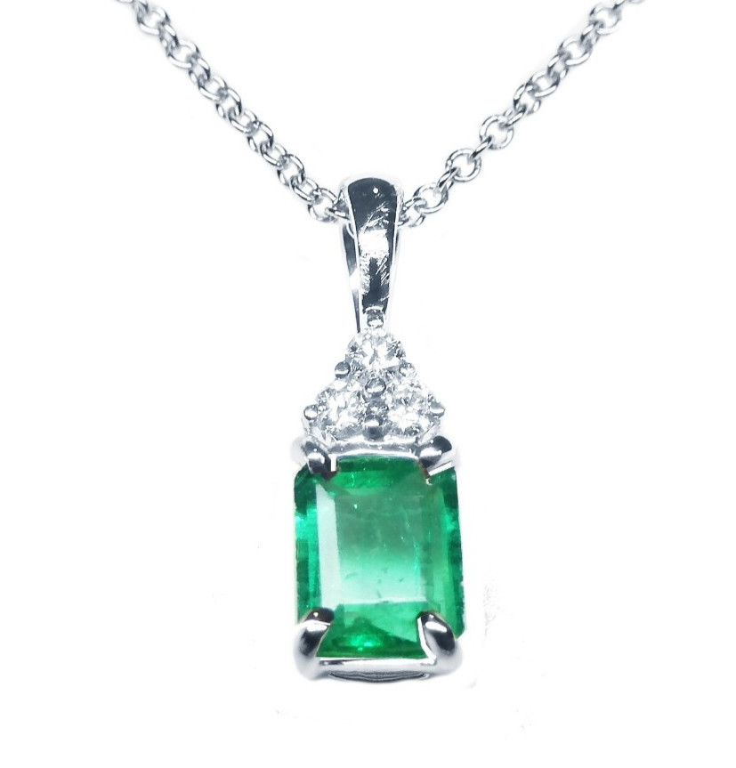 Fine Colombian Emerald Pendant Necklace with Diamonds 14K Solid White Gold