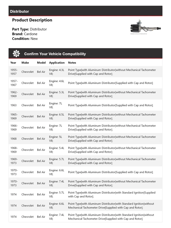 Para Chevrolet Bel Air 1955-1974 Distribuidor Cardone 1956 1957 1958 1959 1960 Foto 2 de 4