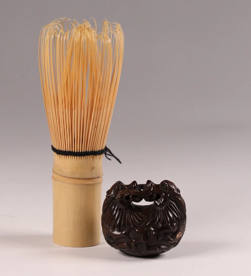 Antiguo Templo Netsuke Tallado Madera Japonés Forma Tambor Doble Dragones Era Meiji Foto 2 de 4