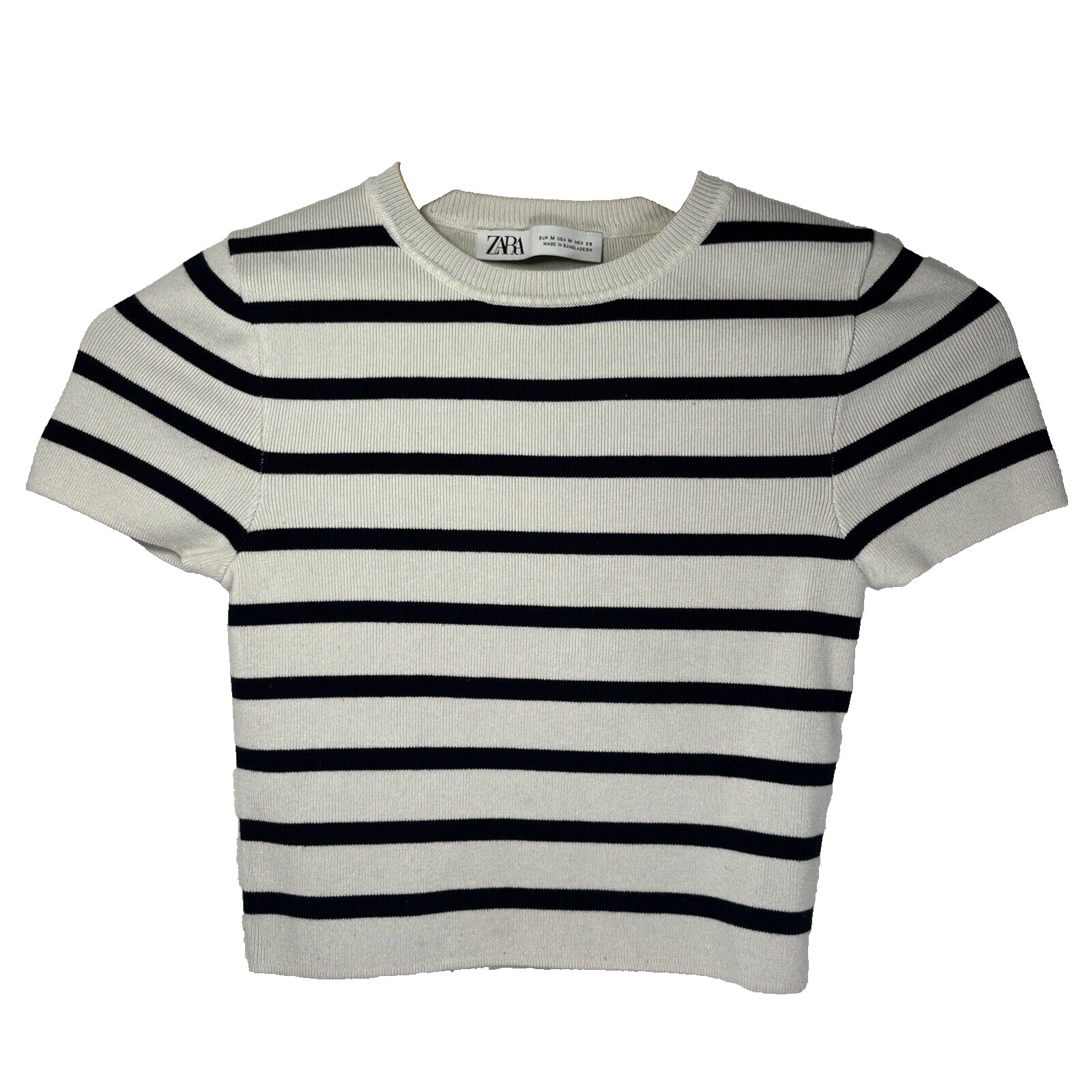 Zara Striped Basic Cropped Knit Top Medium Crew N… - image 1