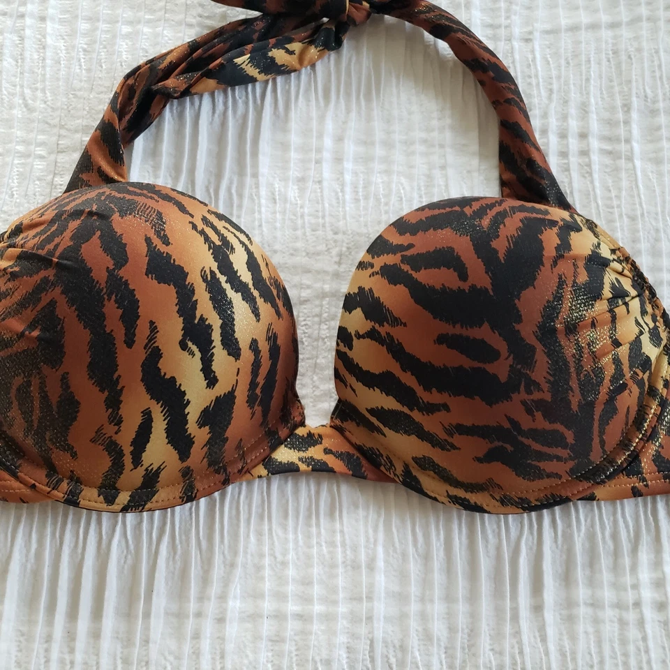 Victoria's Secret Swim BOMBSHELL Add-2-Cups BIKINI Top 36A Marrón Dorado Animal Q05 Foto 4 de 4