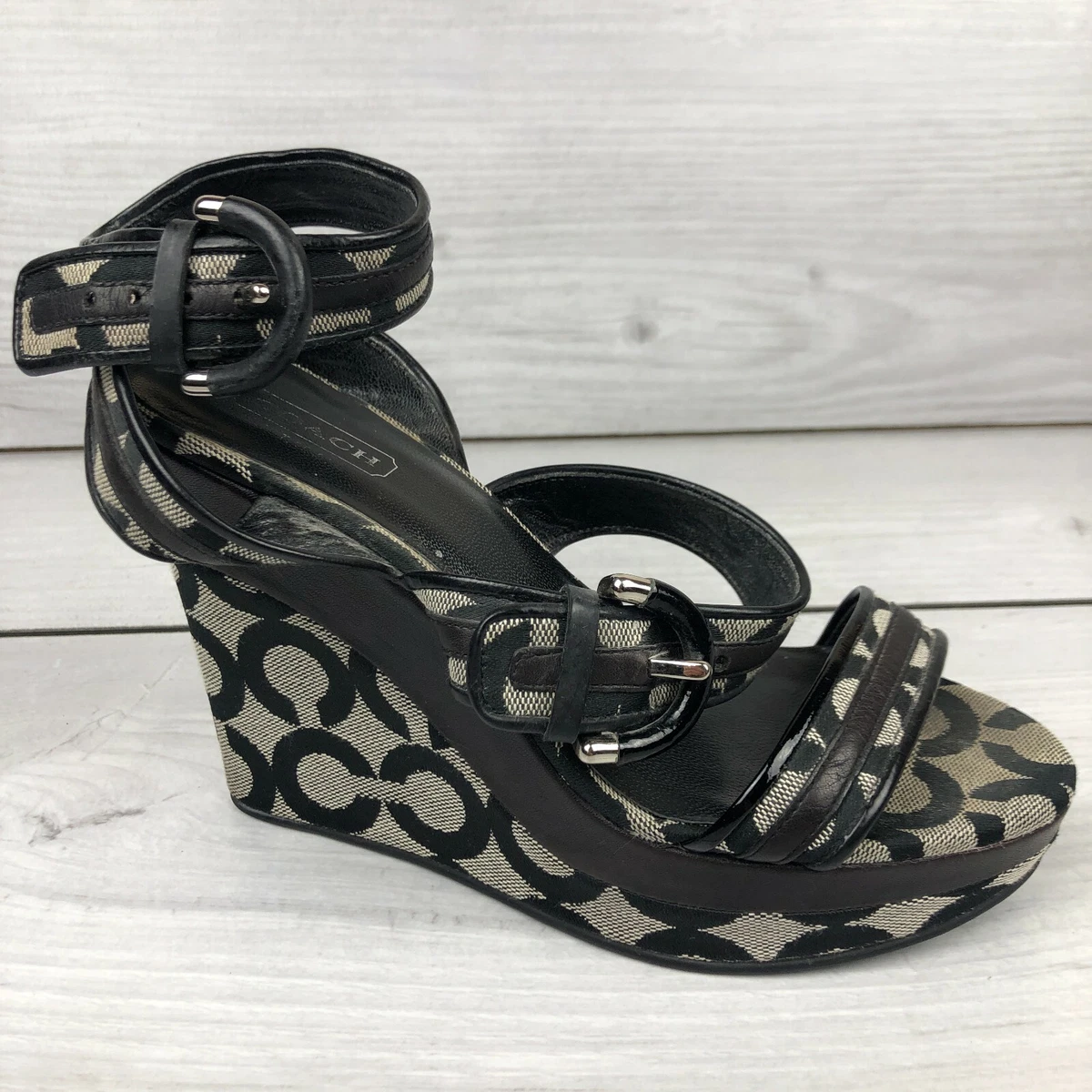 Coach Sandals Womens 6.5 Brown Maralee Wedge Signature C Logo Ankle Strap