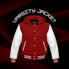 Baseball Wool Varsity Letterman Jacket Hoodie with Real Leather Sleeves