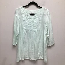 Match Point Womens Blouse Green 3/4 Sleeve Notch Neck Pintuck Linen S