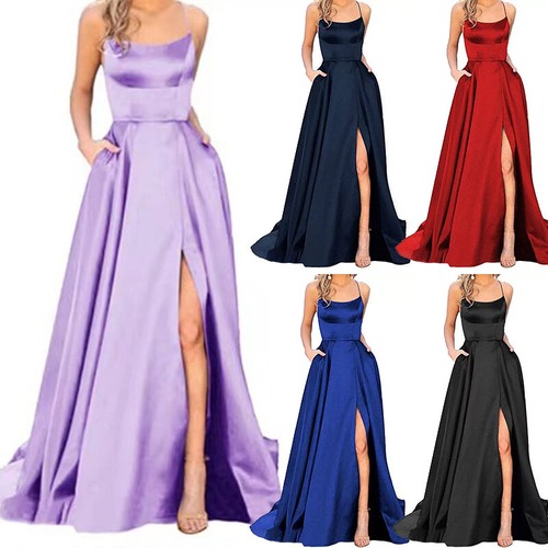 UK Women Formal Long Evening Ball Gown Party Prom Wedding Bridesmaid Dress Satin - Picture 1 of 21