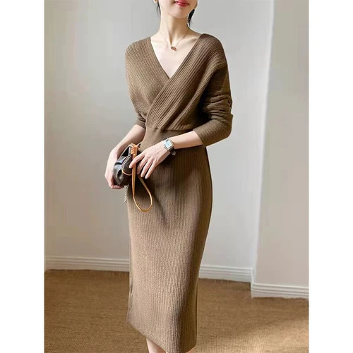 Vestido midi tejido para mujer cuello en V elegante suéter vestidos invierno damas - Imagen 6 de 30