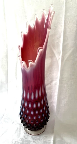 MCM 12.25” FENTON Plum Hobnail Opalescent Glass Tall Swung Vase Mint