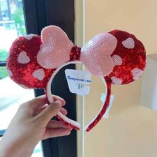 Authentic Disney 2021 Minnie Mouse ear headband Red heart sequined bow shanghai