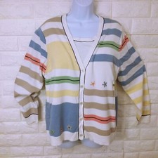 Vintage 90s Koret Knit Cardigan Top Novelty Sweater -L Striped Nautical Coastal