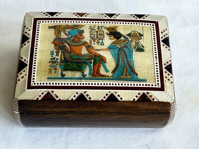 Egyptian Inlaid Pharaoh Papyrus Hand Painted Jewelry Box Tut Queen 4.25'' #1393