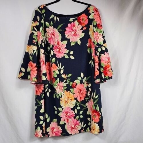 Eliza J Navy Floral Shift Dress Sz 20W Stretch Knit Bell Sleeve Boatneck Boho