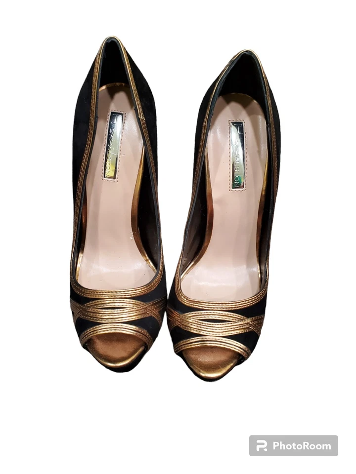 H by halston Zapatos Mujer Talla 7 Gamuza Dorado Negro Metálico Peep Toe Tacones Club Foto 2 de 4