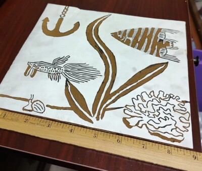 Original Linoleum block print under the sea anchor fish coral unknown artist 70s